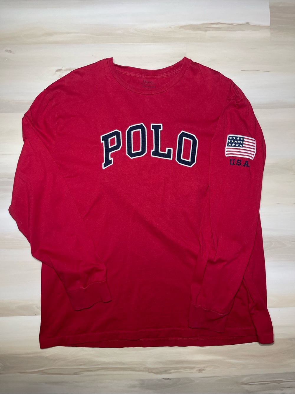 Vintage Polo Ralph Lauren Sewn Spell Out Logo Mens USA Patch Crewneck T Shirt XL